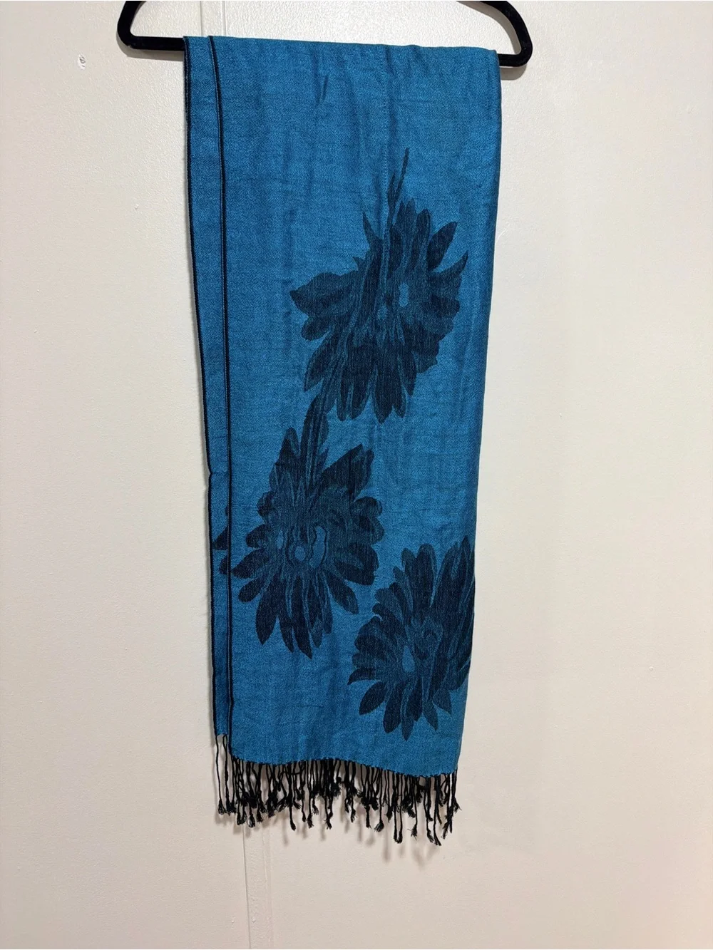 pashmina Teal Blue Jacquard Fringe Wrap